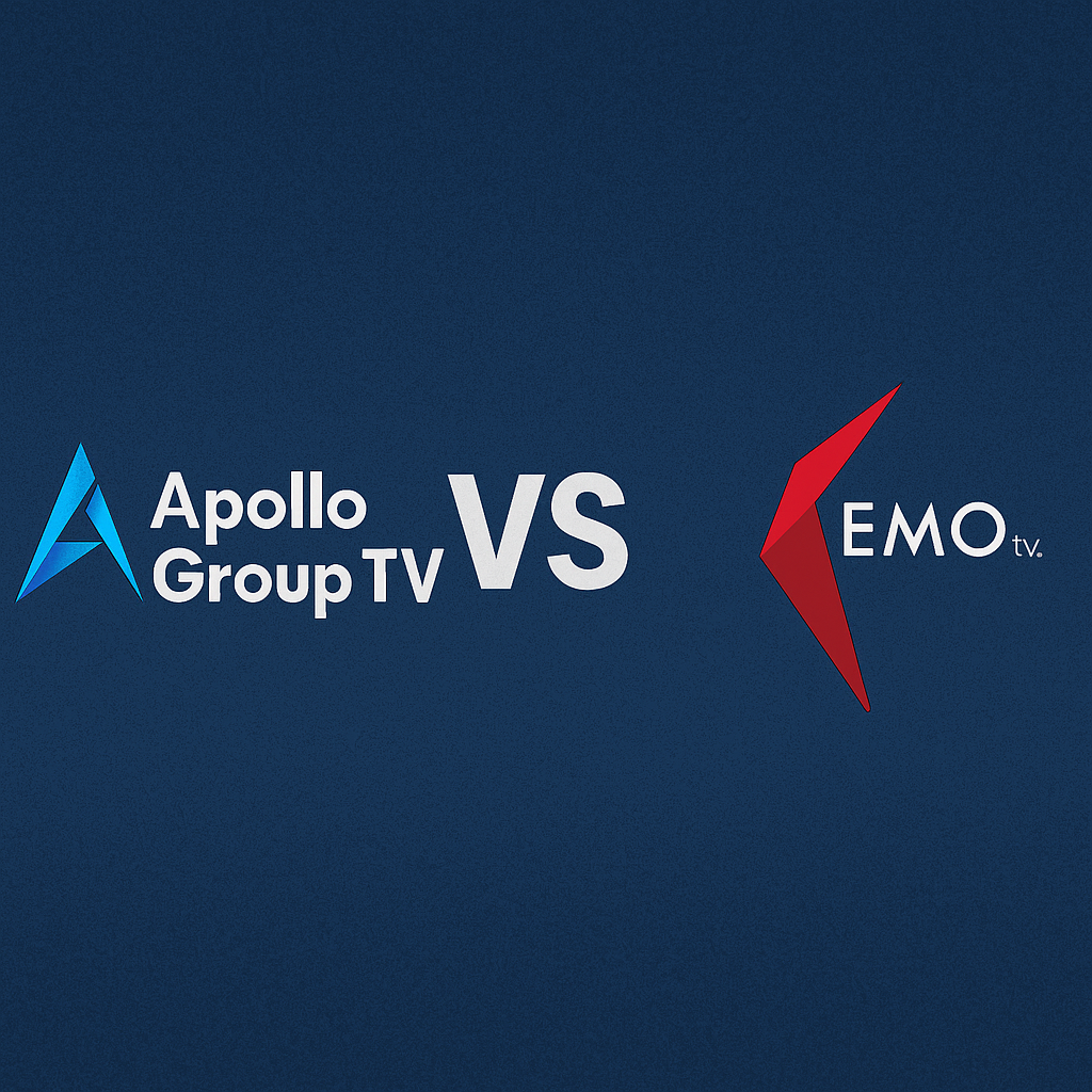 Side-by-side comparison of Apollo Group TV and Kemo IPTV logos, highlighting the competitive branding between the two IPTV services.